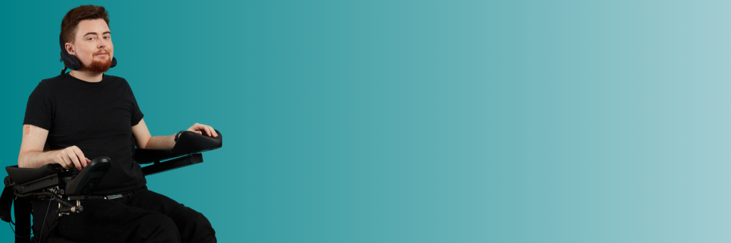A fading turquoise background. On the left is an image of Jamie Hale, a white person with dark red hair seated in an electric wheelchair.